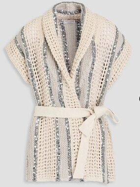Brunello Cucinelli Cream and Silver Open-Knit Belted Sweater Vest